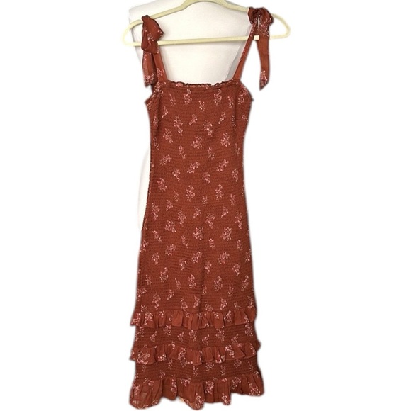 ABERCROMBIE & FITCH Smocked Tiered Ruffle MIDI Dress Brown Floral Y2K, Small - Picture 10 of 14